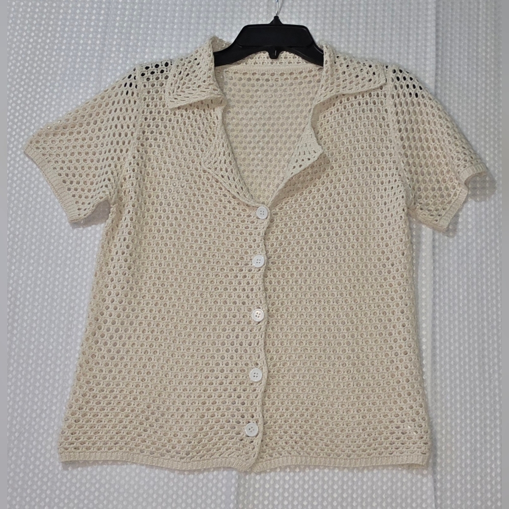 Vintage Inspired Crochet Top Cottagecore Boho Button Up Coastal Layering Shirt - Picture 5 of 8